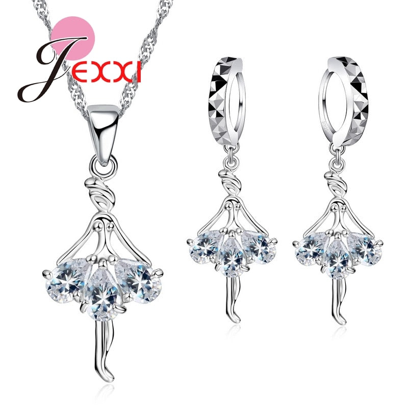 Elegant 925 Sterling Silver Ballerina Necklace Earrings Set With Shiny Crystal Women Girls Wedding Engagement Jewelry Set