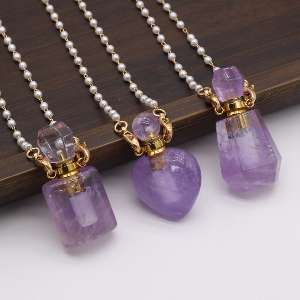 Elegant Amethysts Perfume Bottle Pendant Necklace Pearl Bead Link Chain Chokers Necklace for Women Reiki Heal Jewelry Gifts