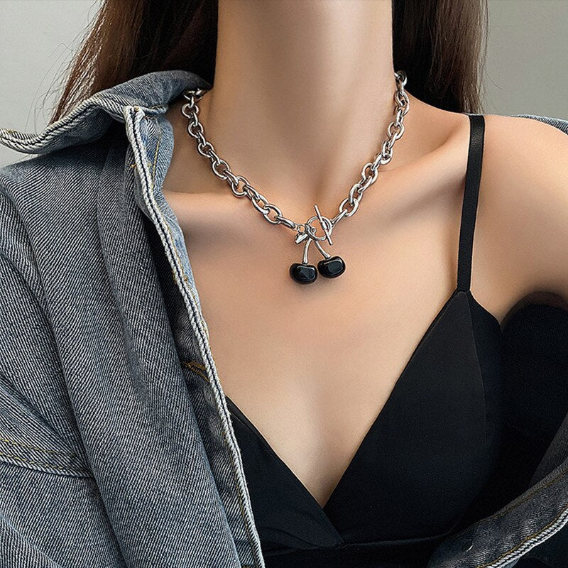 Elegant Black Cute Cherry Pendant Necklace Set Short Choker Silver Plated Chain Fruit Pendant Dainty Women Party Jewelry