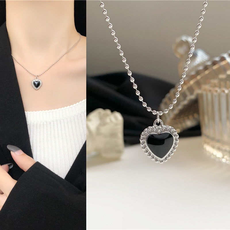 Elegant Black Glazed Heart Pendent Necklace for Women Men Girls Teens Simple Metal Beads Chain Necklaces 2022 Trend