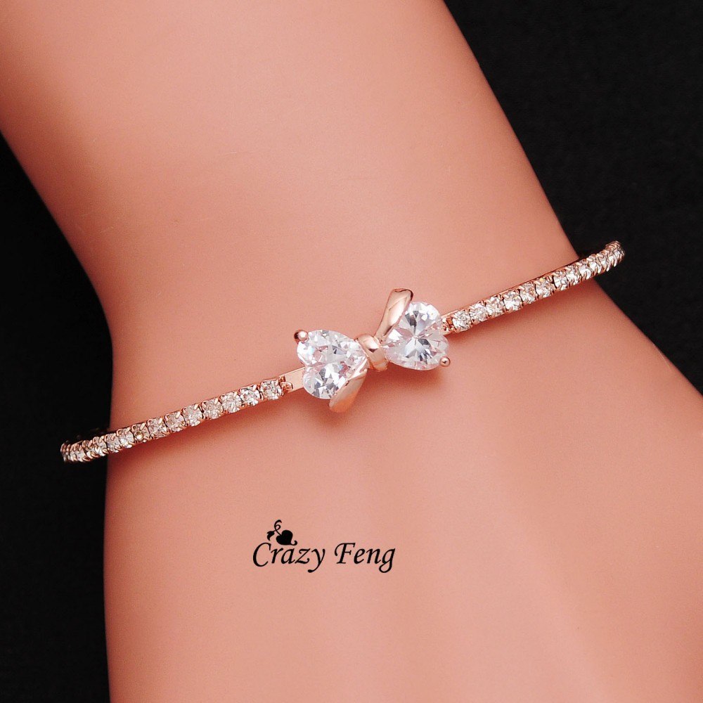 Elegant CZ Crystal Bowknot Charms Bracelets & Bangles for Women Rose Gold Color Wedding Party Bangles Jewelry pulseira feminina