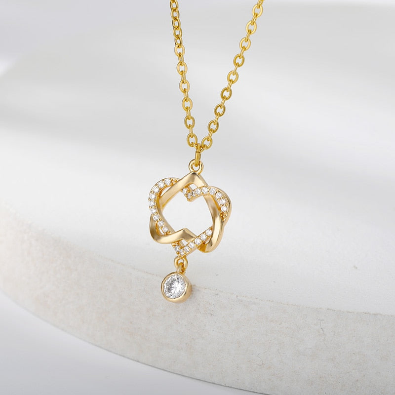 Elegant Double Heart Necklace For Women Crystal Gold  Color Cubic Zirconia Pendant Necklaces 2023 Trendy Couple Jewerly