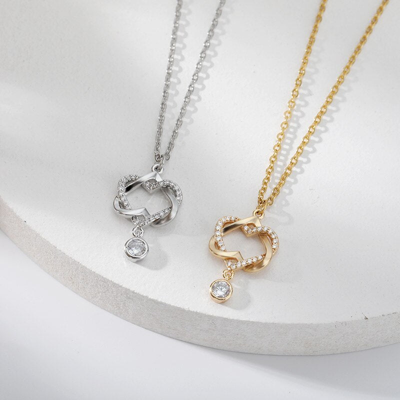 Elegant Double Heart Necklace For Women Crystal Gold  Color Cubic Zirconia Pendant Necklaces 2023 Trendy Couple Jewerly