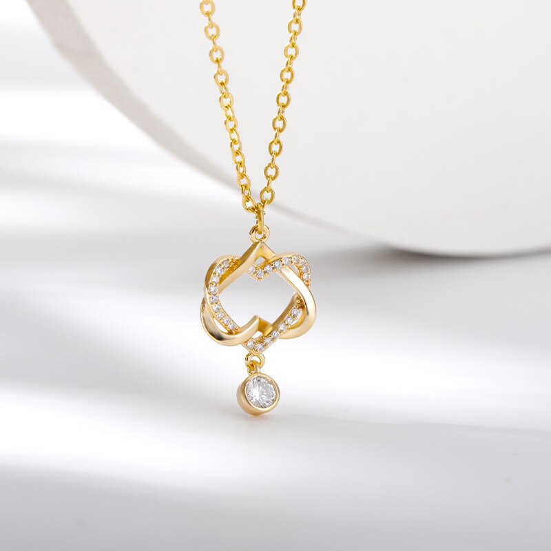 Elegant Double Heart Necklace For Women Crystal Gold  Color Cubic Zirconia Pendant Necklaces 2023 Trendy Couple Jewerly