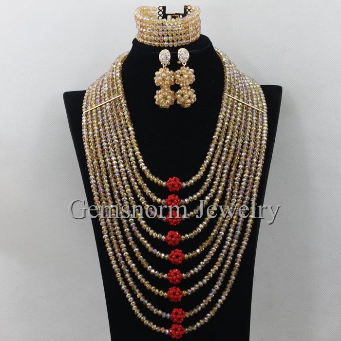 Elegant Gold African Beads Jewelry Set New Chunky Bib Nigerian Wedding Necklace Set Red Bridesmaid Gift Set   WA110