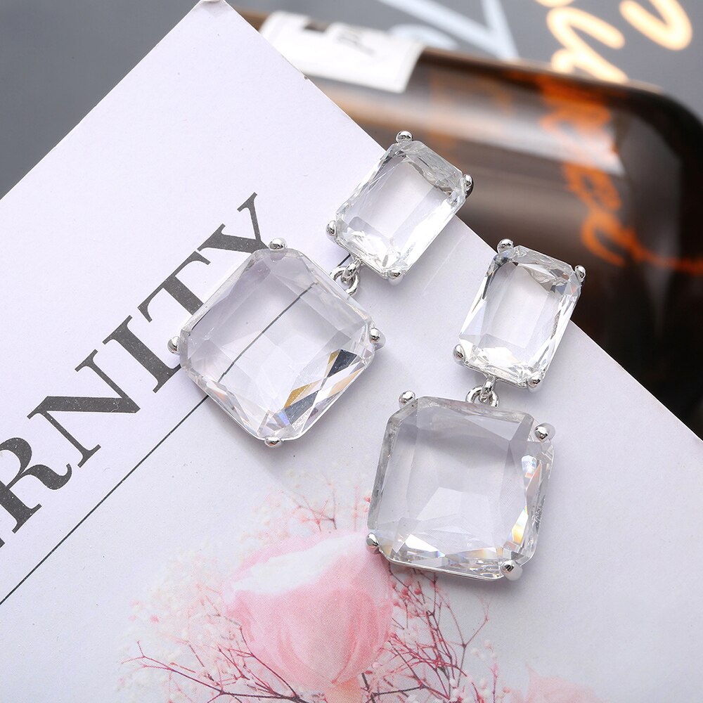 Elegant Gold Color Geometric Transparent Glass Stud Earrings For Woman Party Gift Jewelry Accessories Korean 2022