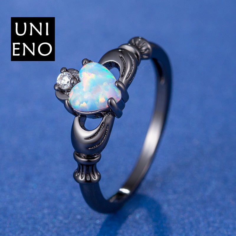 Elegant Heart Cut Rainbow Opal Claddagh Ring Fashion White CZ Wedding Jewelry Engagement Promise Rings