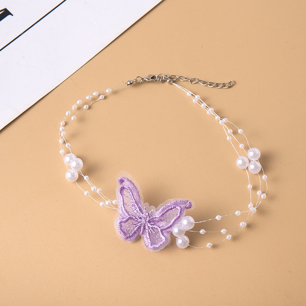 Elegant Multilayer Pearl Choker Necklace Vintage Flower Butterfly Acrylic Chain Necklace For Women Wedding Jewelry Gift