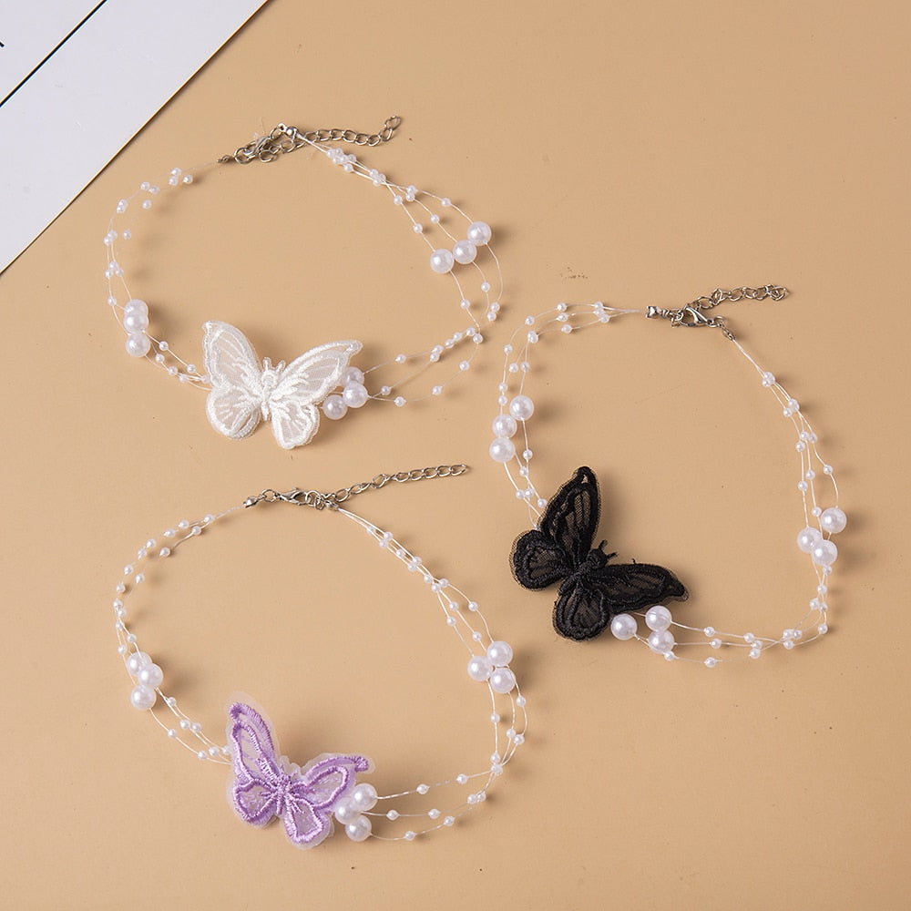 Elegant Multilayer Pearl Choker Necklace Vintage Flower Butterfly Acrylic Chain Necklace For Women Wedding Jewelry Gift