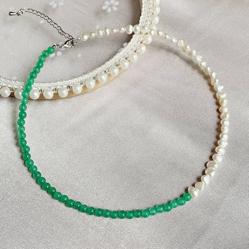 Elegant Natural Freshwater Pearl Necklace for Women Green Aventurine Stone Baoruqe Pearl Choker Wedding Jewelry Femme Collier