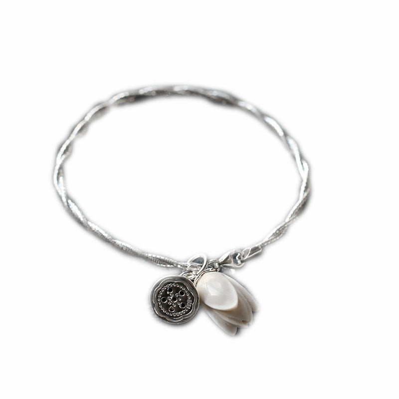 Elegant Natural Jade 100% 925 Sterling Silver Charm Bracelets&Bangles For Women Girl Magnolia Flower Bracelet Jewelry Gift