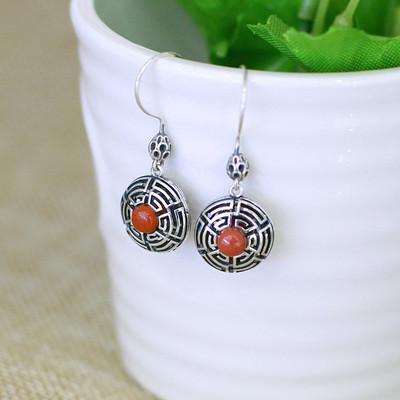 Elegant Natural Stone Earrings Vintage 925 Sterling Silver Jewelry Double Sides Red Onyx Lapis Lazuli Gemstone Drop Earrings