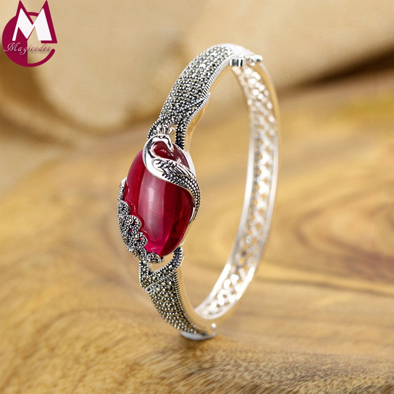 Elegant Peacock Design Big Red Jade Bangle Ethnic Animal Jewelry Hollow 925 Sterling Silver Bracelet For Women Wedding Gift SB72