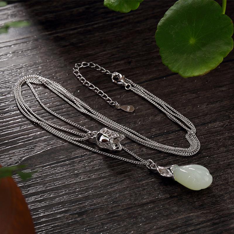 Elegant Real 925 Sterling Silver Multi Layers Chain Necklace With Orchid Flowers Jade Pendants For Women Fine Jewelry