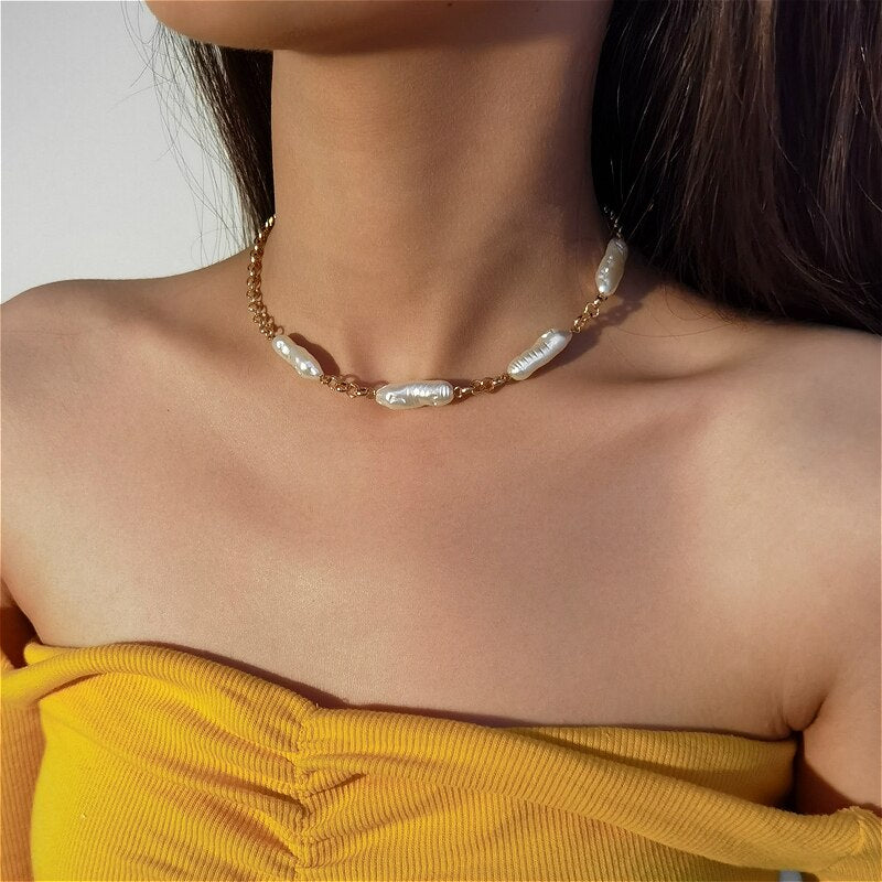 Elegant Simulated Pearl Necklace For Women Geometric White Pearl Gold Color Clavicle Chain Choker Neckalces Jewelry