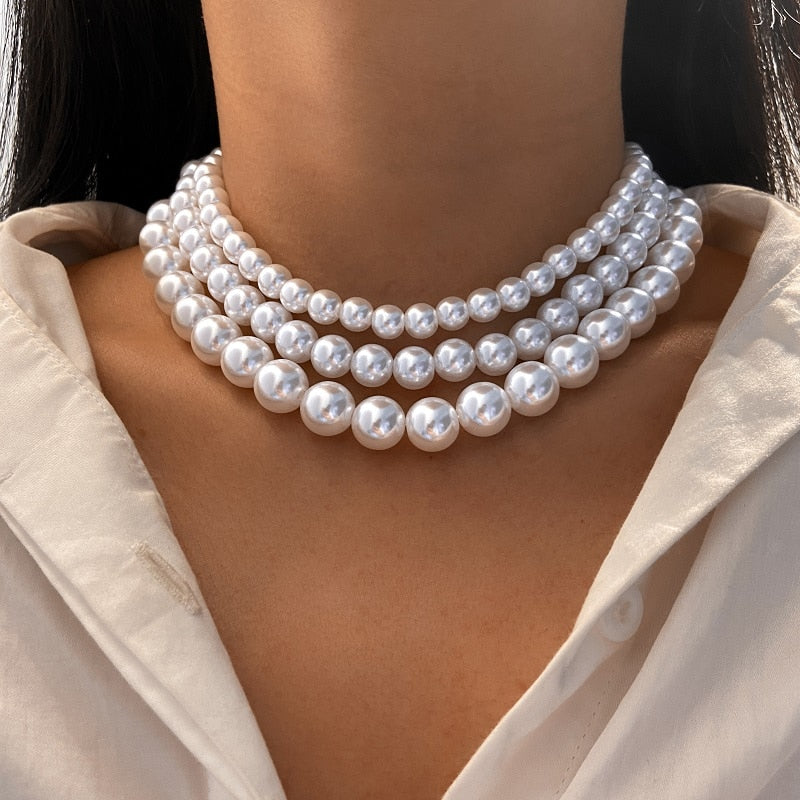 Elegant Vintage White Imitation Pearl Choker Necklace For Women Big Round Pearls Beaded Wedding Necklace Charm Jewelry