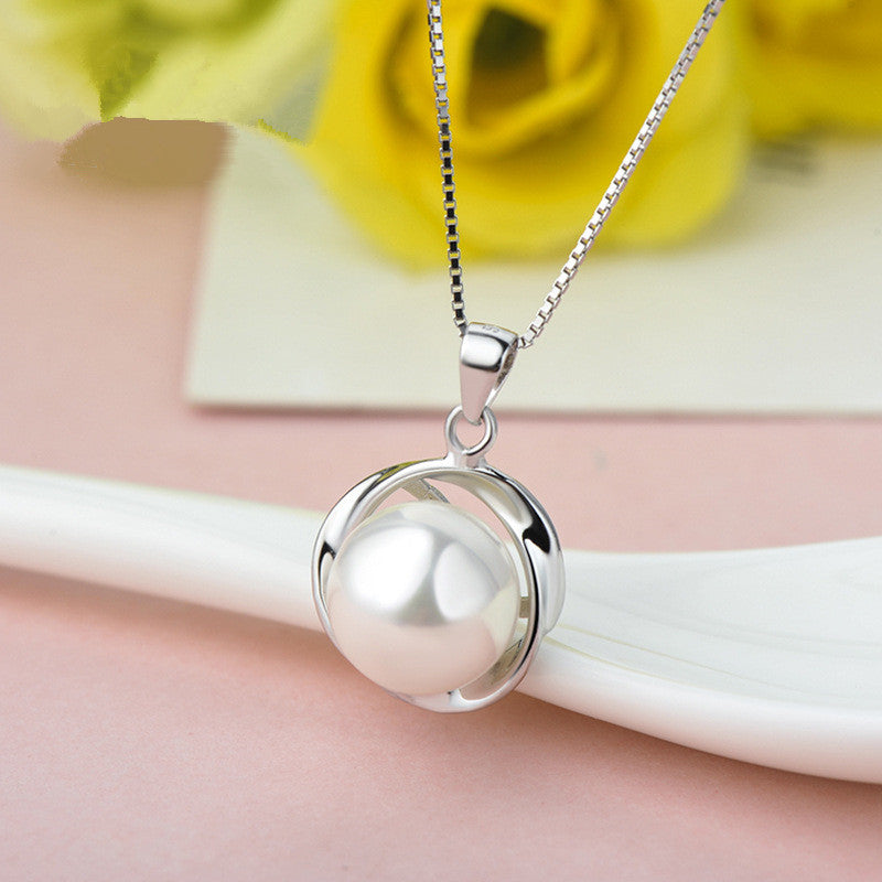 Elegant Woman Necklace 10MM Round Pearl Pendant Necklace in 925 Sterling Silver New Year Birthd Gift for Mom/Wife/Lovers