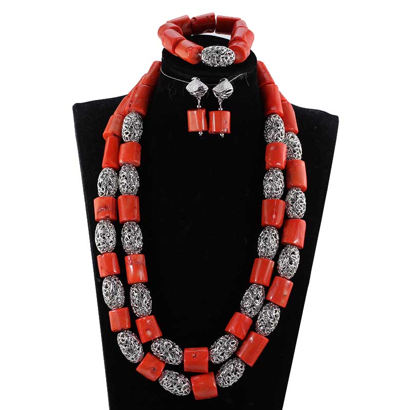 Elegant Women Coral Costume Bridal Jewelry Set 26 inches Real Coral Beads Necklace Set for African Traditional Wedding CNR164