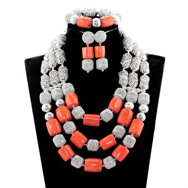 Elegant Women Coral Costume Bridal Jewelry Set 26 inches Real Coral Beads Necklace Set for African Traditional Wedding CNR164