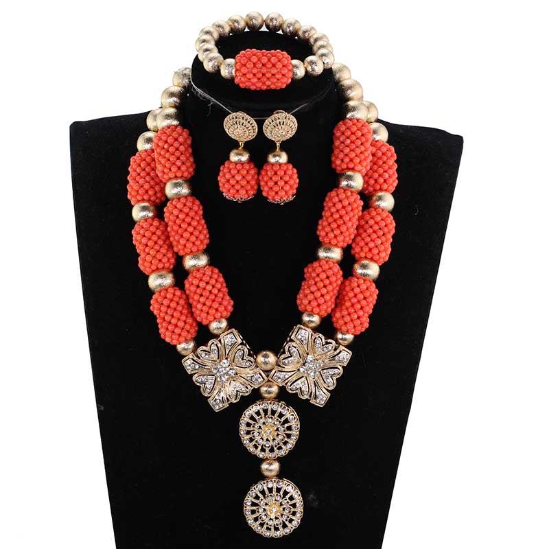 TRADITIONAL AFRICAN CORAL Beads with Gold Balls Wedding Bridal Jewelry Set  £220.99 - PicClick UK