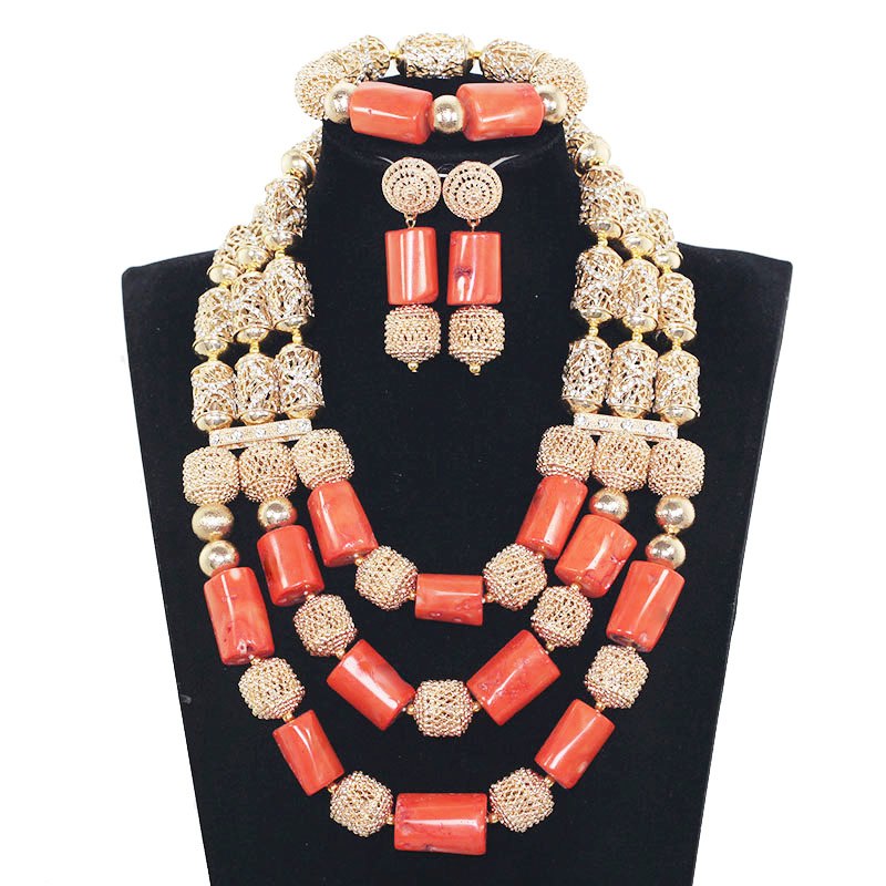 Elegant Women Coral Costume Bridal Jewelry Set 26 inches Real Coral Beads Necklace Set for African Traditional Wedding CNR164