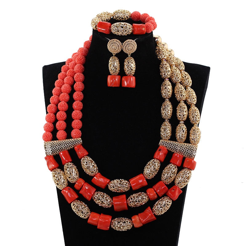 Elegant Women Coral Costume Bridal Jewelry Set 26 inches Real Coral Beads Necklace Set for African Traditional Wedding CNR164