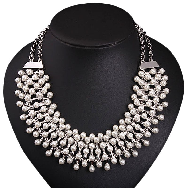 Elegant Women Jewelry Accessories  Imitation Pearls Pendant Choker Double Layer Alloy Chain White Pearl Necklace For Party