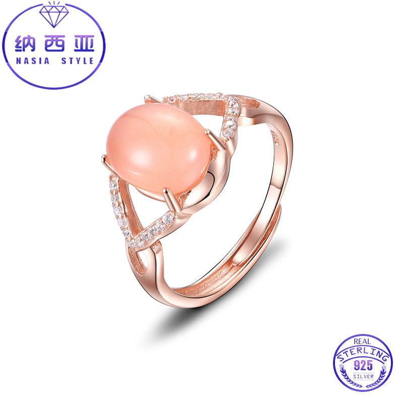 Elegant Women Rings Rose Glod Color Prong Setting Agate 925 Sterling Silver Hollow Out Rings Fine Jewelry Adjustable