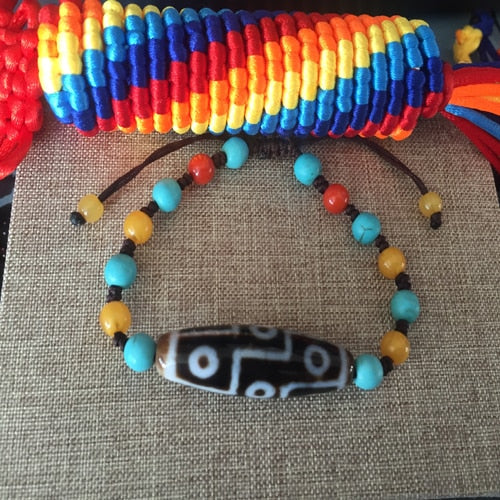 Elegant Yellow and Blue Nature Stone Nine Eyes Tibetan Dzi Beads Adjustable Rope Beaded Bracelet For Women's Jewelry