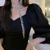 Elegant indifference Tassels Long Full Rhinestone Necklace Neck chain Women Bow tie Geometry Clavicle chain Gift