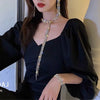 Elegant indifference Tassels Long Full Rhinestone Necklace Neck chain Women Bow tie Geometry Clavicle chain Gift