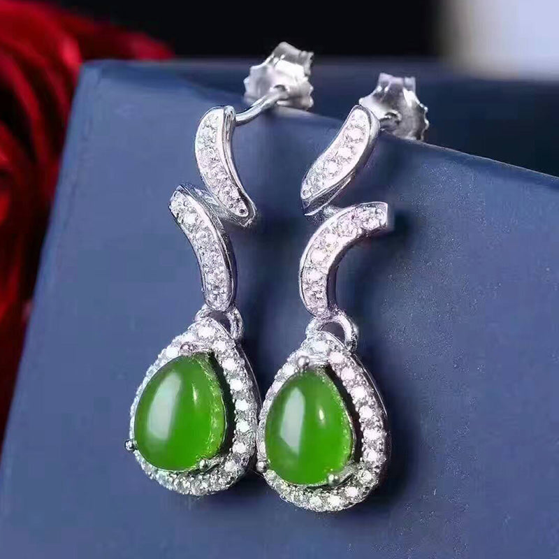 Elegant silver dangle earrings for party 5 mm* 7mm natural Chinese Jade drop earrings solid 925 silver gemstone drop earrings
