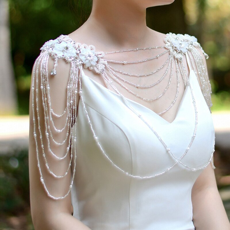 Elegant wedding dress pearl crystal shoulder chain jewelry flower lace beaded breast chain design woman