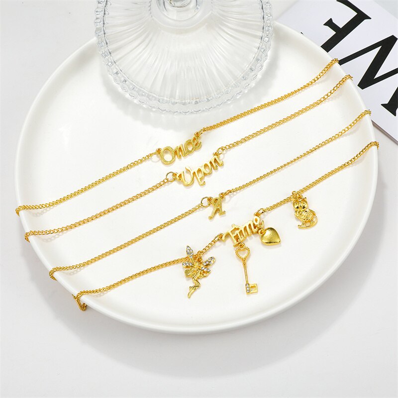 Elegant woman Party Accessories ONCE UPON A TIME Letter Jewelry Multi Layer Gold Color Angel Choker Collar Necklace & Pendants