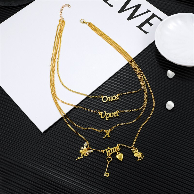 Elegant woman Party Accessories ONCE UPON A TIME Letter Jewelry Multi Layer Gold Color Angel Choker Collar Necklace & Pendants