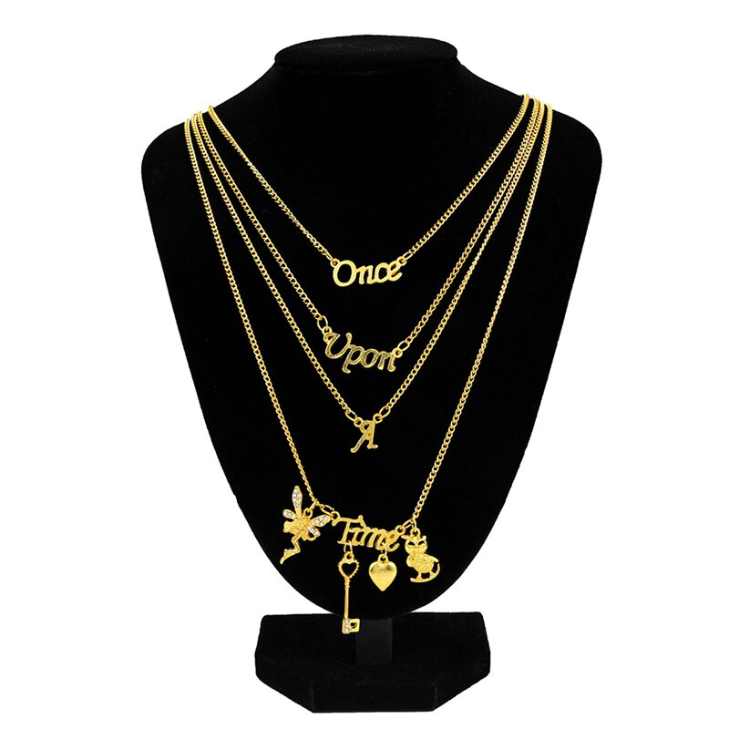 Elegant woman Party Accessories ONCE UPON A TIME Letter Jewelry Multi Layer Gold Color Angel Choker Collar Necklace & Pendants