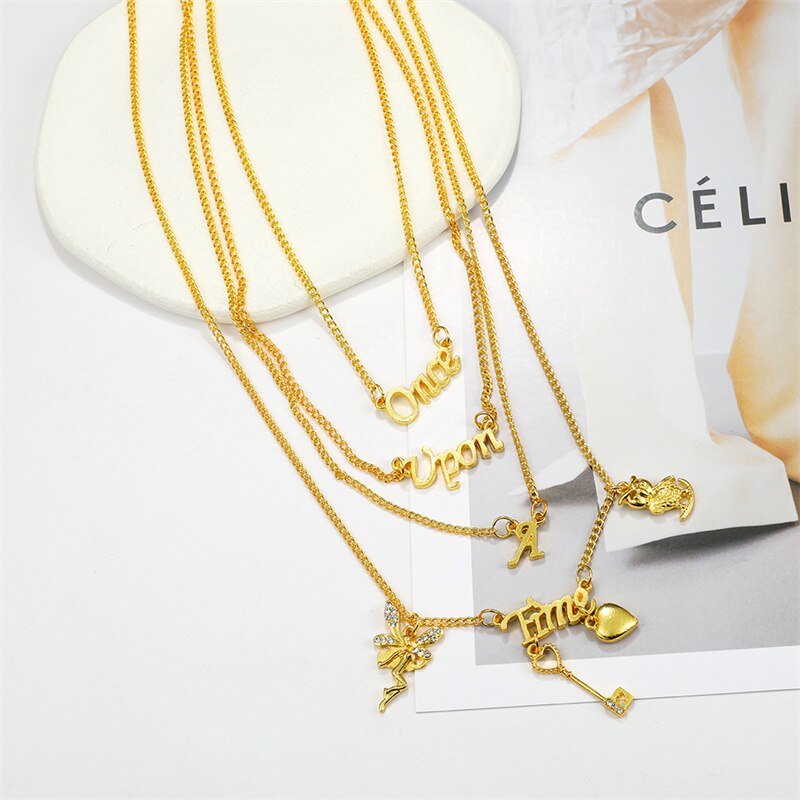 Elegant woman Party Accessories ONCE UPON A TIME Letter Jewelry Multi Layer Gold Color Angel Choker Collar Necklace & Pendants