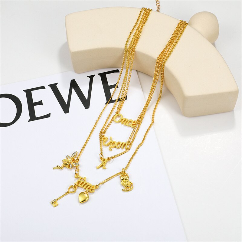 Elegant woman Party Accessories ONCE UPON A TIME Letter Jewelry Multi Layer Gold Color Angel Choker Collar Necklace & Pendants