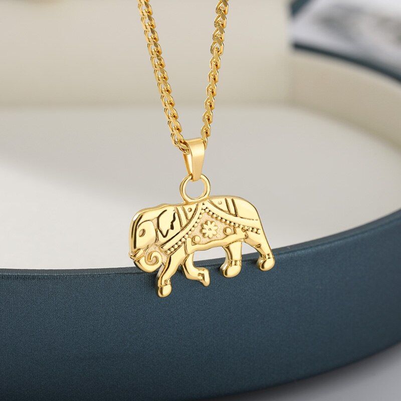 Elephant Necklace Golden Cuban Chain Hanging Stainless Steel Elephant Pendant Collar Docona Bohemian Jewelry Gift  Item