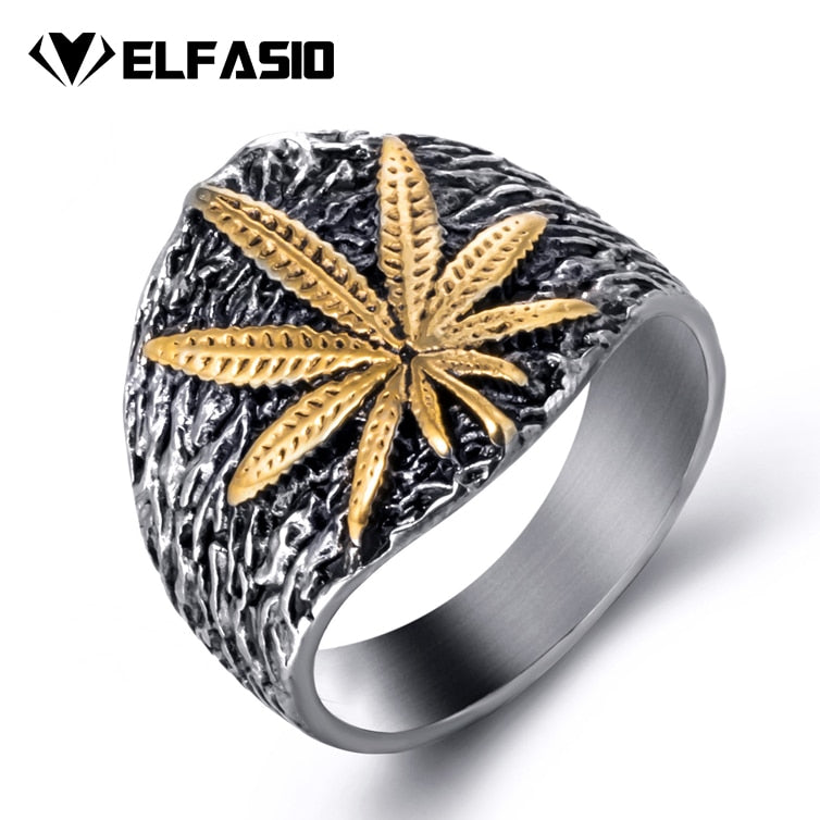 Mens Stainless Steel Ring Weed Marijuana Cannabis Leaf Symb Silver Gold Fashion Jewelry Size 8-13
