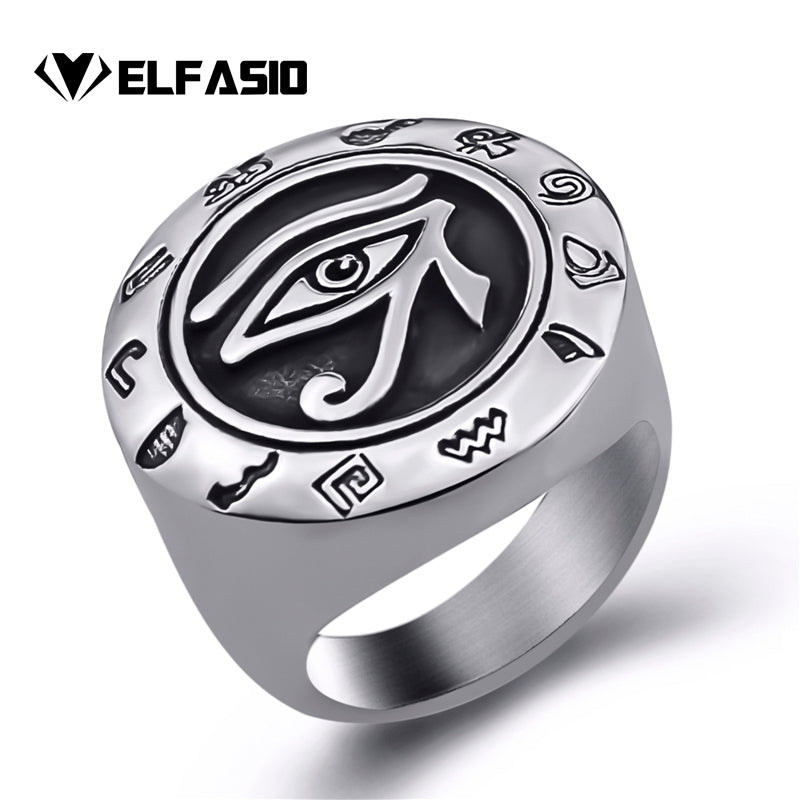 Mens Stainless steel ring Egyptian Eye of Horus Ra Udjat Ancient Egyptian text Jewelry Size 8-13