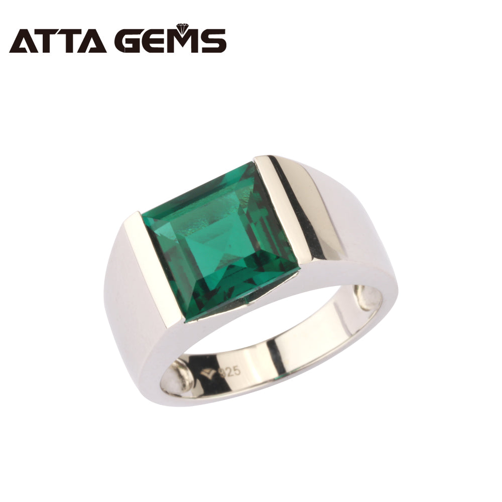 Emerald Sterling Silver Ring 925 Silver Jewelry 4.8 Carats in Square 10mm Created Emerald Green Color With Top Quality For Men