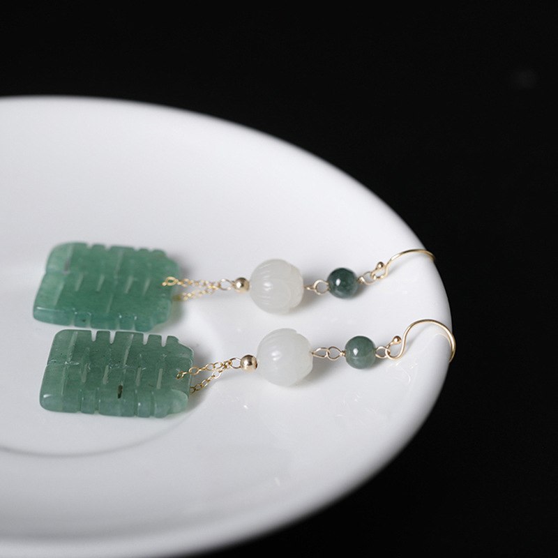 Emerald white jade 14K gold drop earrings designer original works double happiness vintage design earrings for women jewelry