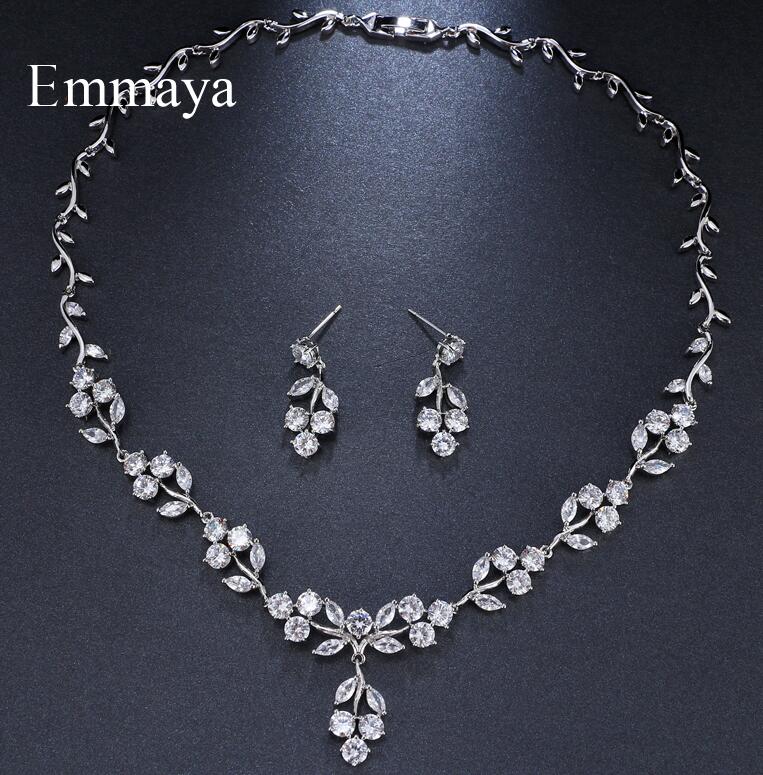 Emmaya Brand Luxury Gorgeous Cubic Zircon White Gold Color Adjustable Crystal Earrings Necklace Set For Women Bride Jewelry Gift