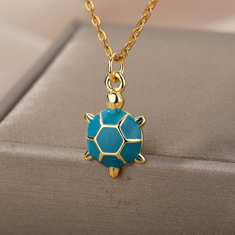 Enamel Green Turtle Pendant Necklace for Women Men Stainless Steel Gold Color Necklaces 2023 Trend Aesthetic Jewerly collares