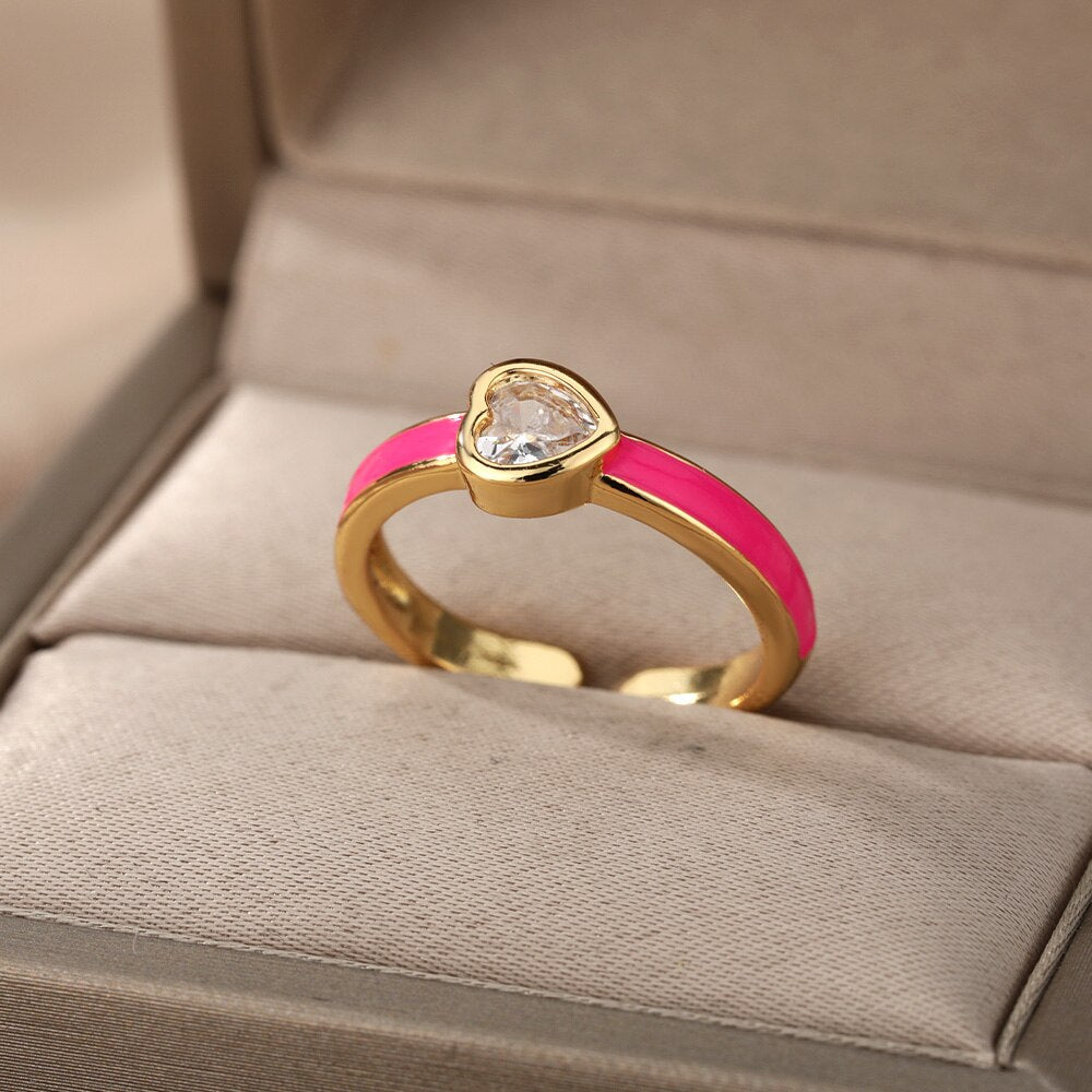 Enamel Heart Rings For Women Open Adjustable Colorful Zircon Ring 2023 Trend Boho Party Jewerly Wedding Couple Gift bague femme
