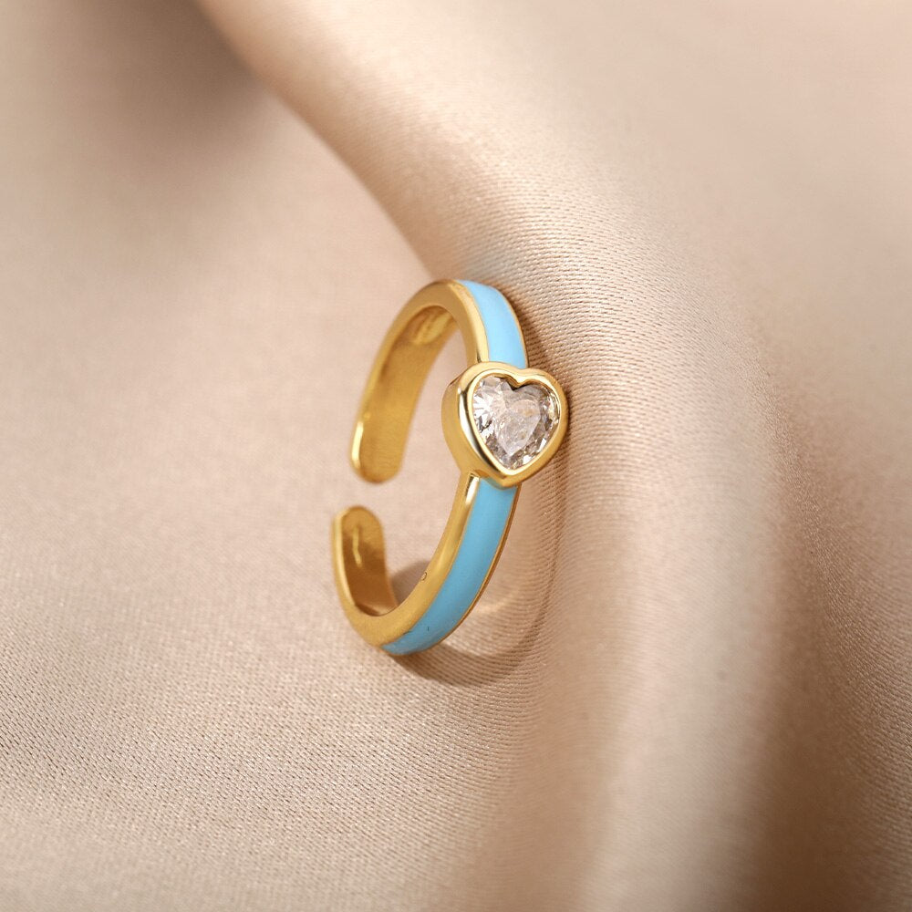 Enamel Heart Rings For Women Open Adjustable Colorful Zircon Ring 2023 Trend Boho Party Jewerly Wedding Couple Gift bague femme