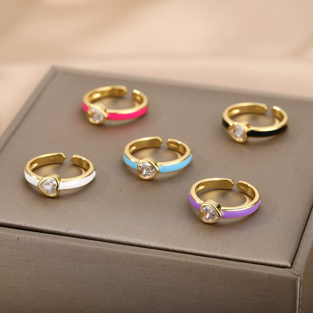 Enamel Heart Rings For Women Open Adjustable Colorful Zircon Ring 2023 Trend Boho Party Jewerly Wedding Couple Gift bague femme