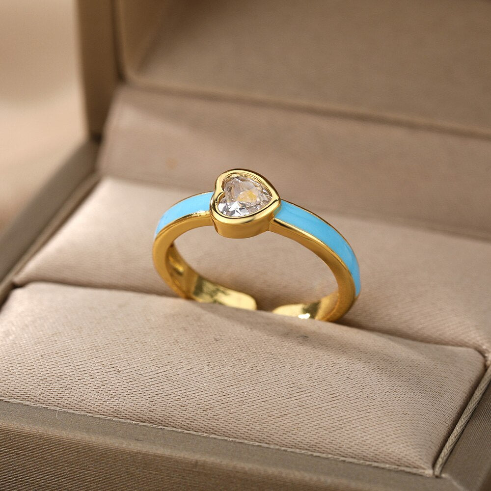 Enamel Heart Rings For Women Open Adjustable Colorful Zircon Ring 2023 Trend Boho Party Jewerly Wedding Couple Gift bague femme