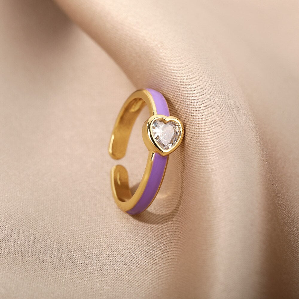 Enamel Heart Rings For Women Open Adjustable Colorful Zircon Ring 2023 Trend Boho Party Jewerly Wedding Couple Gift bague femme
